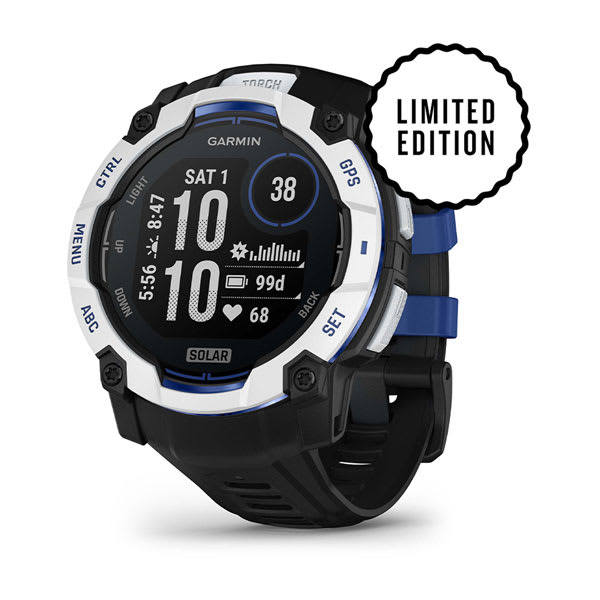 Instinct® 3 – 50 mm, Solar, Whitestone med svart/Bolt Blue rem