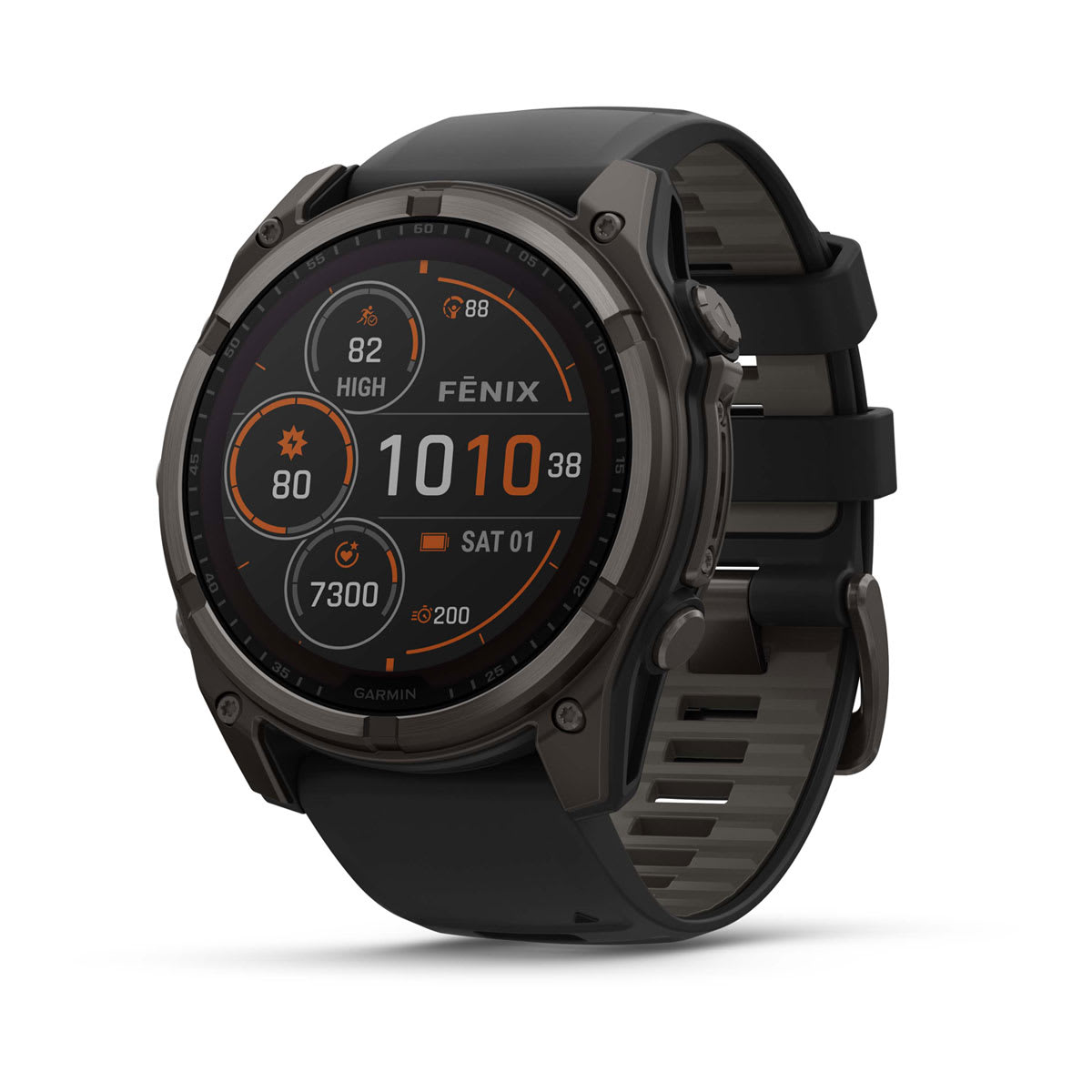 fēnix® 8 – 51 mm, Solar, Sapphire, Carbon Grey DLC-titanium med svart/Pebble Grey silikonerem