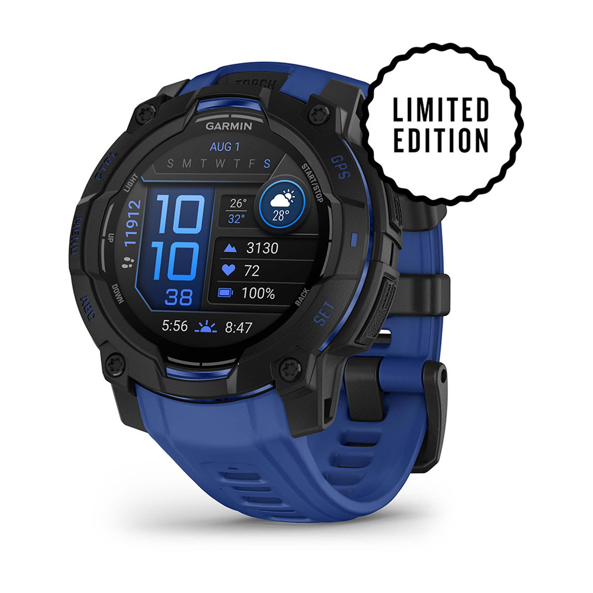 Instinct® 3 – 45 mm, AMOLED, Svart med Bolt Blue/svart rem