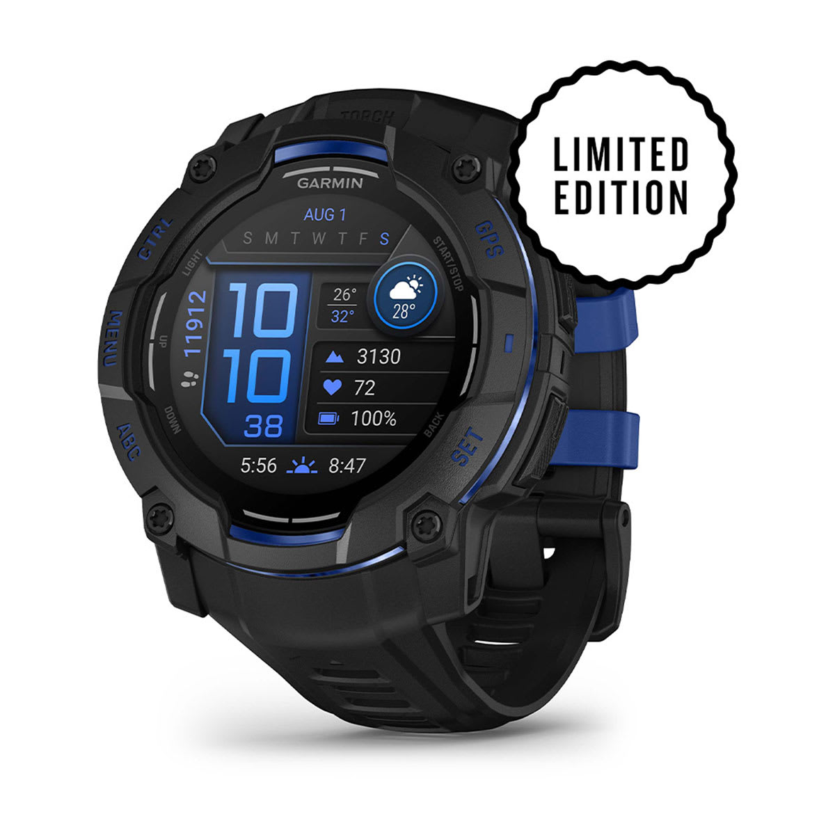 Instinct® 3 – 50 mm, AMOLED, Svart med svart/Bolt Blue rem