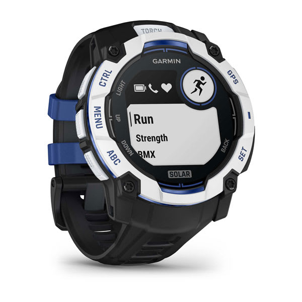Instinct® 3 – 50 mm, Solar, Whitestone med svart/Bolt Blue rem