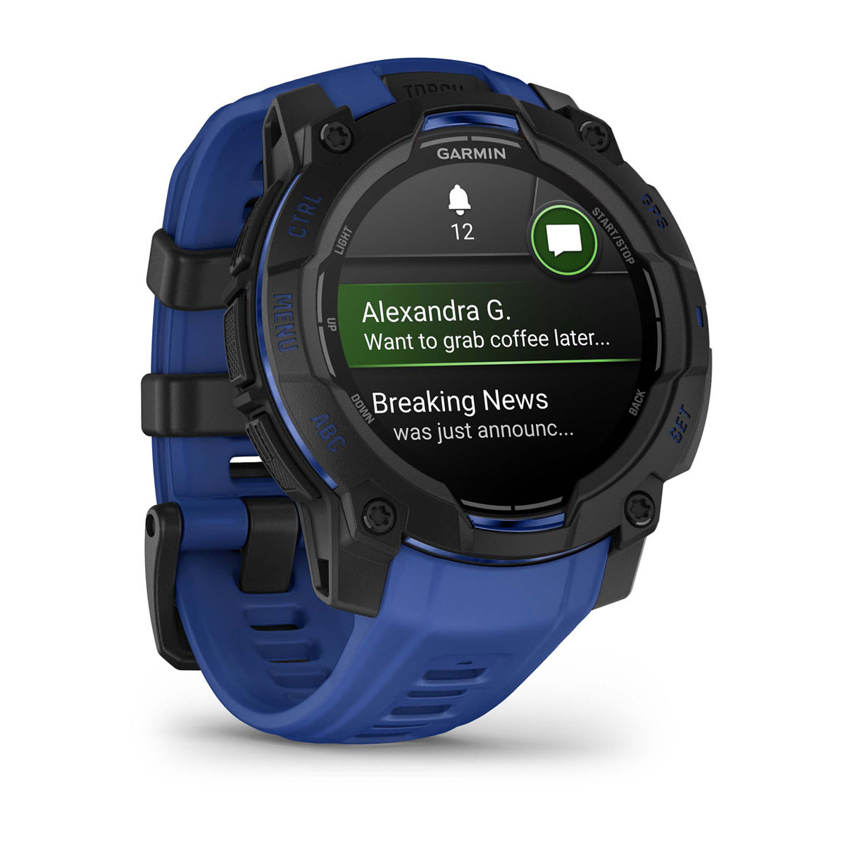 Instinct® 3 – 45 mm, AMOLED, Svart med Bolt Blue/svart rem