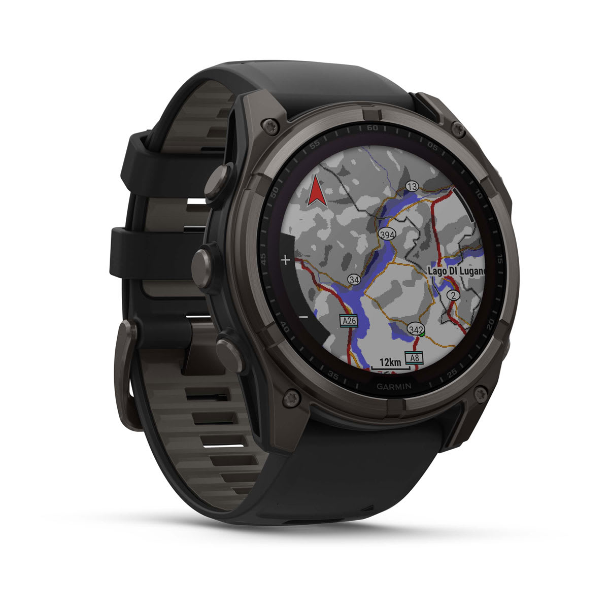 fēnix® 8 – 51 mm, Solar, Sapphire, Carbon Grey DLC-titanium med svart/Pebble Grey silikonerem