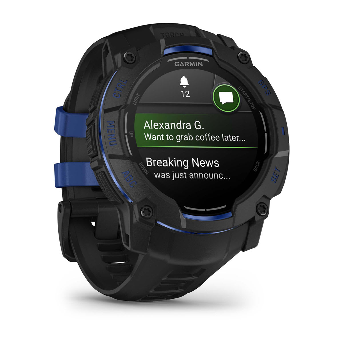 Instinct® 3 – 50 mm, AMOLED, Svart med svart/Bolt Blue rem
