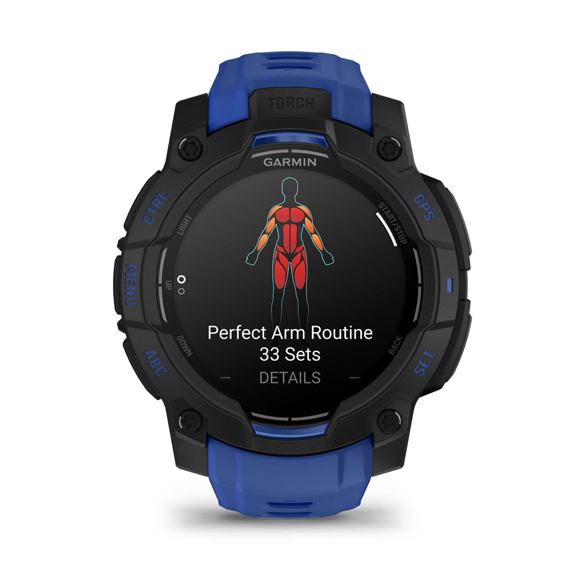 Instinct® 3 – 45 mm, AMOLED, Svart med Bolt Blue/svart rem