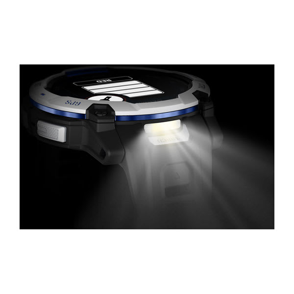 Instinct® 3 – 50 mm, Solar, Whitestone med svart/Bolt Blue rem