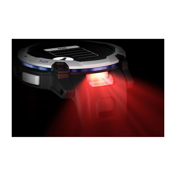 Instinct® 3 – 50 mm, Solar, Whitestone med svart/Bolt Blue rem