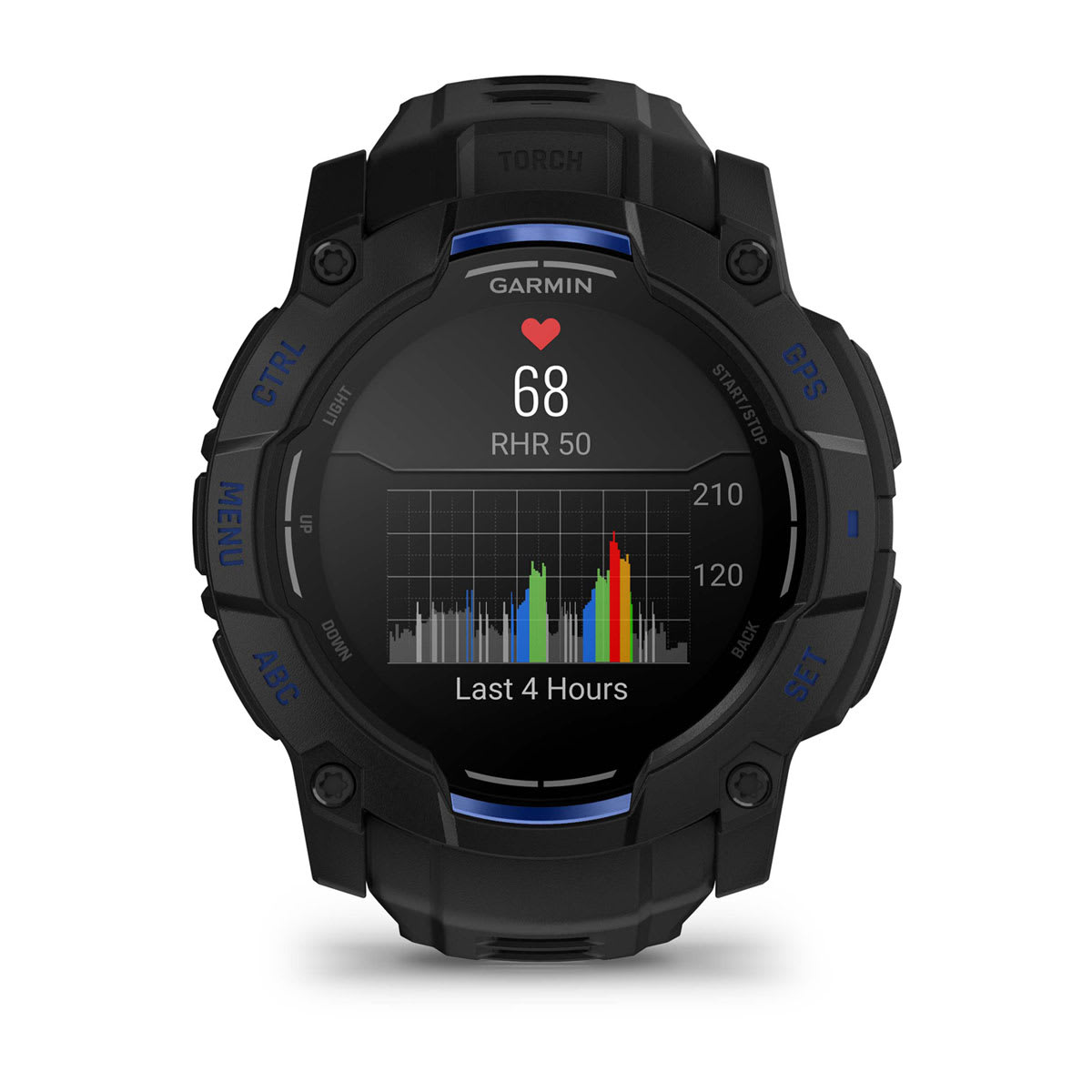 Instinct® 3 – 50 mm, AMOLED, Svart med svart/Bolt Blue rem