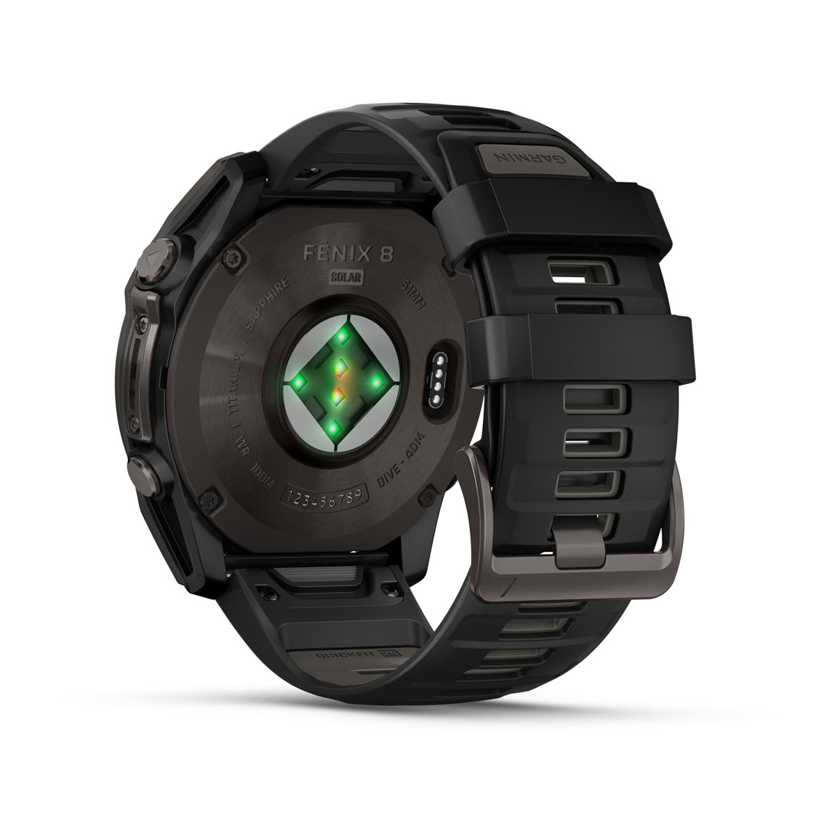 fēnix® 8 – 51 mm, Solar, Sapphire, Carbon Grey DLC-titanium med svart/Pebble Grey silikonerem