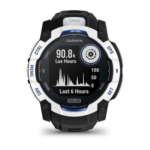 Instinct® 3 – 50 mm, Solar, Whitestone med svart/Bolt Blue rem