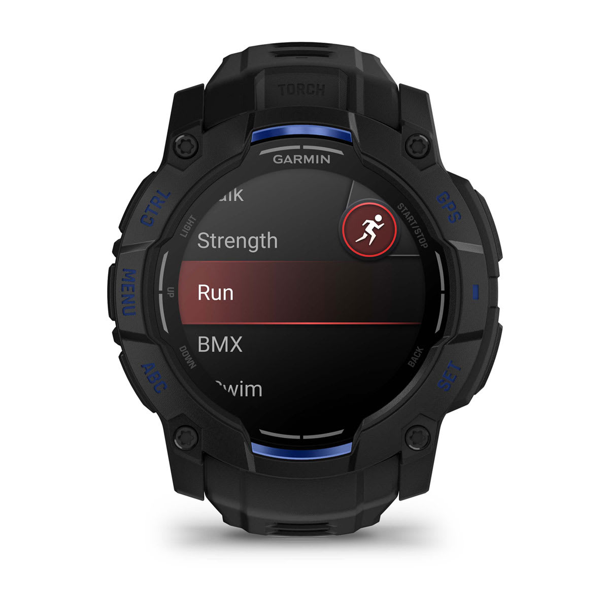 Instinct® 3 – 50 mm, AMOLED, Svart med svart/Bolt Blue rem