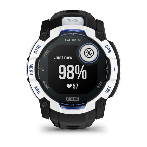 Instinct® 3 – 50 mm, Solar, Whitestone med svart/Bolt Blue rem