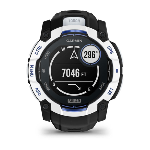 Instinct® 3 – 50 mm, Solar, Whitestone med svart/Bolt Blue rem
