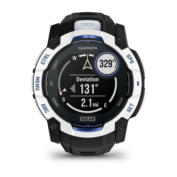 Instinct® 3 – 50 mm, Solar, Whitestone med svart/Bolt Blue rem