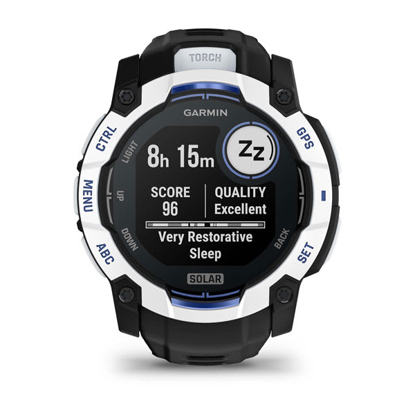 Instinct® 3 – 50 mm, Solar, Whitestone med svart/Bolt Blue rem