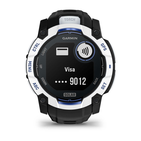 Instinct® 3 – 50 mm, Solar, Whitestone med svart/Bolt Blue rem