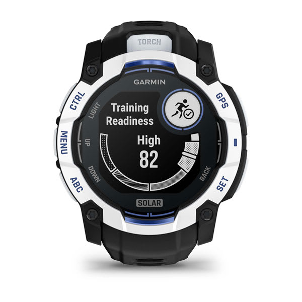 Instinct® 3 – 50 mm, Solar, Whitestone med svart/Bolt Blue rem