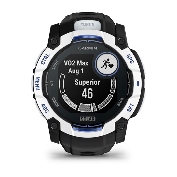 Instinct® 3 – 50 mm, Solar, Whitestone med svart/Bolt Blue rem