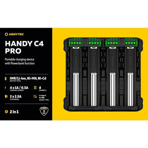 Handy C4 Pro lader / 4 kanaler / LED-indikasjon / Inngang 5V USB 3.1 Type-C / Utgang 4x1A / Powerbank 2x2.5A / for IMR/Li-Ion, Ni-MH, Ni-Cd – Armytek