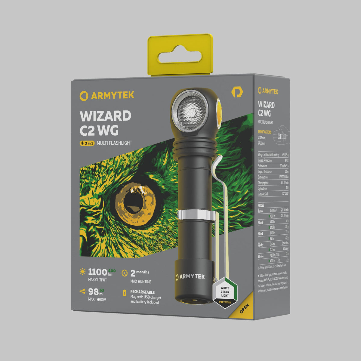 Armytek Wizard C2 WG Magnet USB – Hvit & Grønn – 1100 lm & 400 lm – Armytek